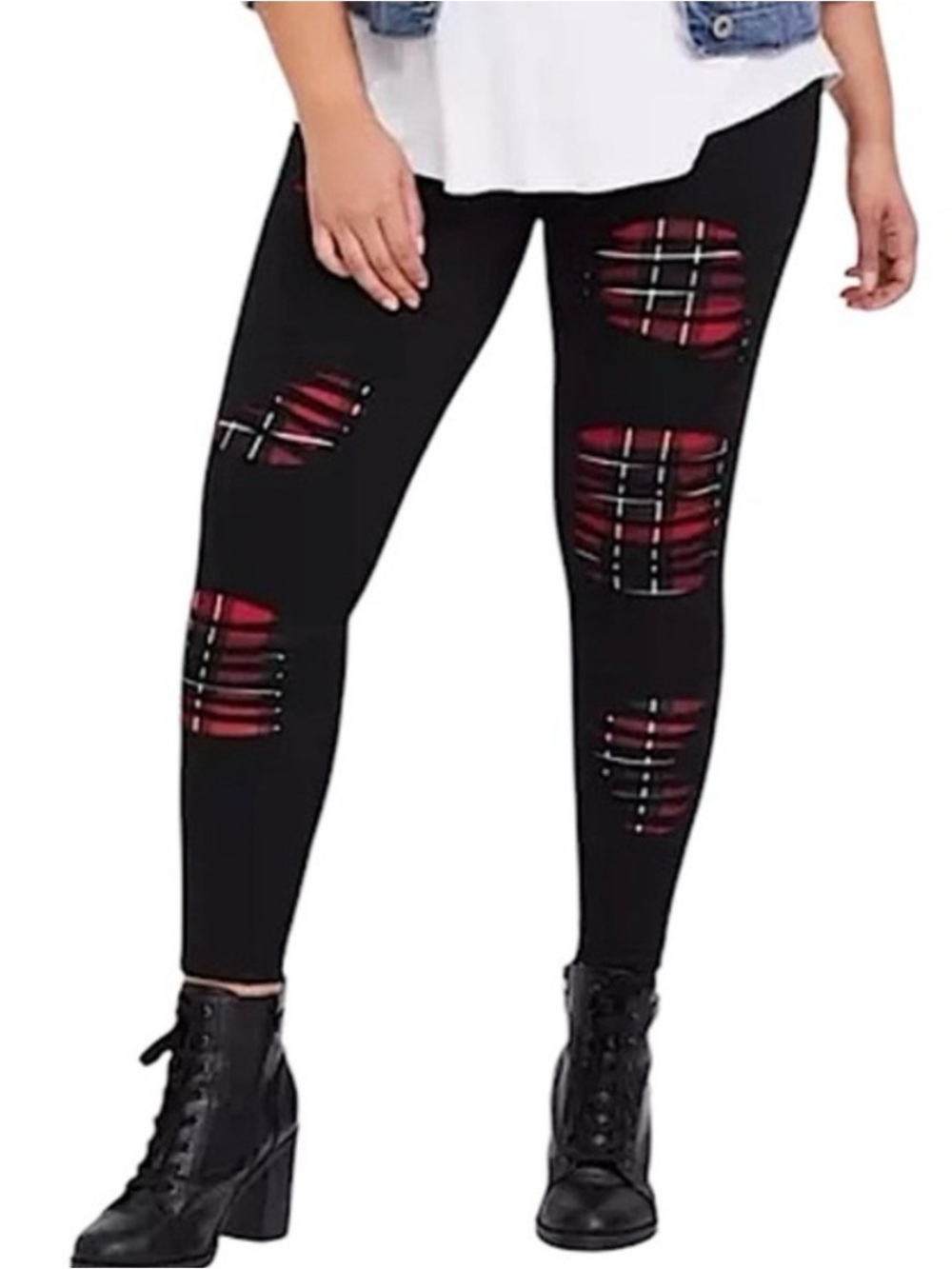 Torrid Black Leggings with Red Plaid Distressed Insets